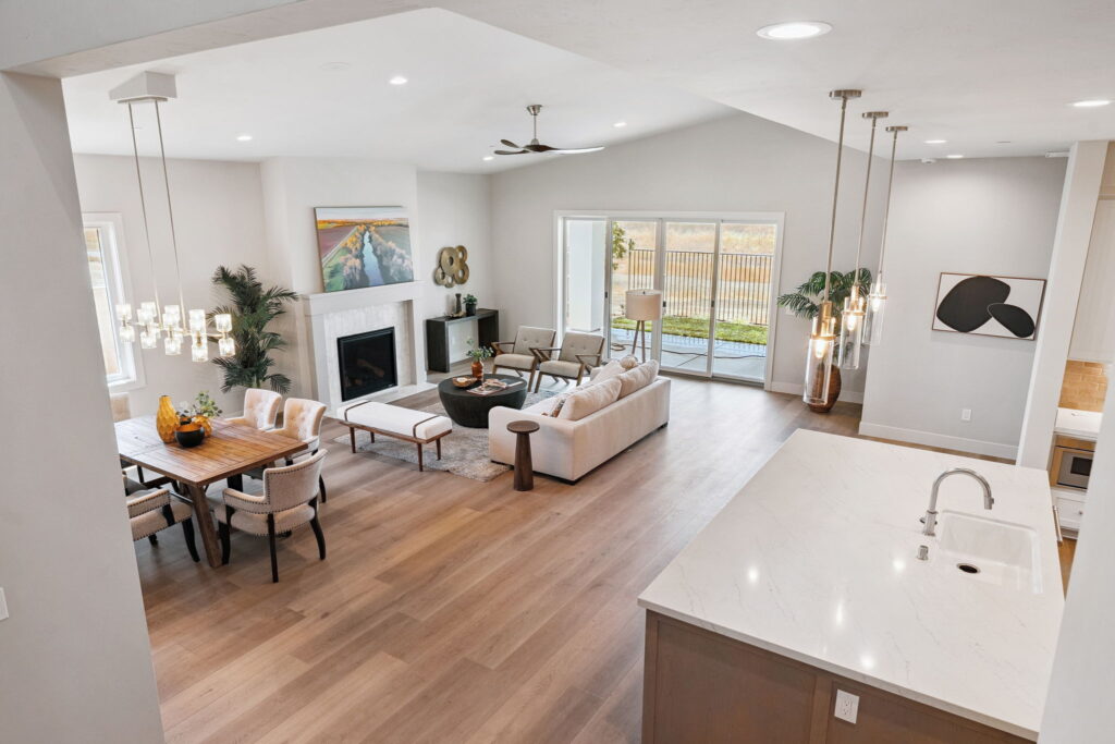 View of a living room from above, perhaps a stairway or landing.
